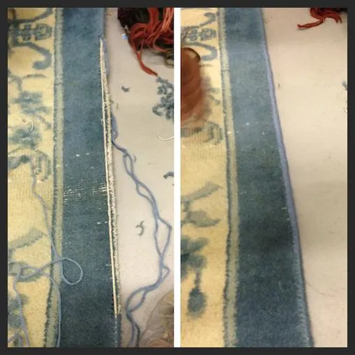 Before and after of a rug edge re-serged by hand